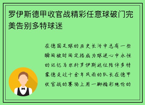 罗伊斯德甲收官战精彩任意球破门完美告别多特球迷 罗伊斯德甲收官战精彩任意球破门完美告别多特球迷