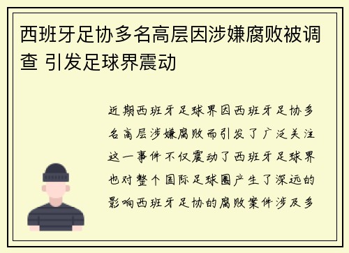 西班牙足协多名高层因涉嫌腐败被调查 引发足球界震动